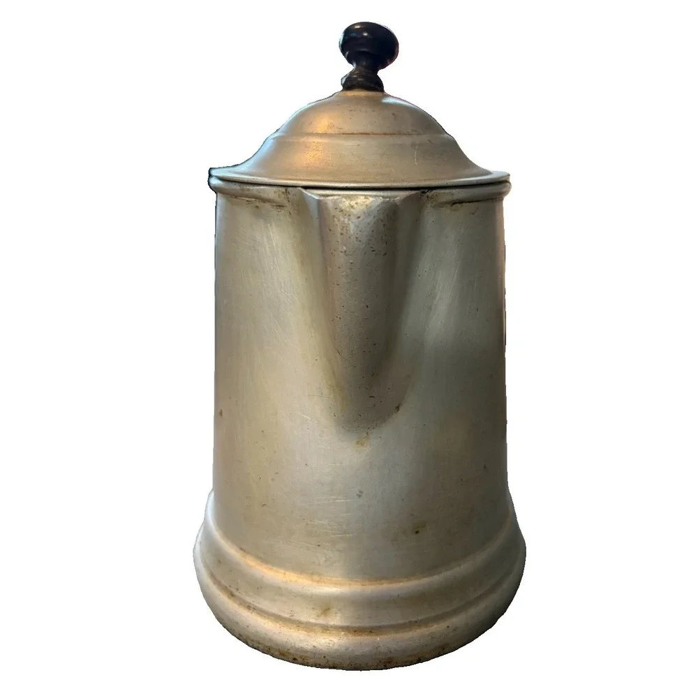 Vintage Aluminum Coffee Pot Hinged Lid Black Handle Strainer Spout Primitive